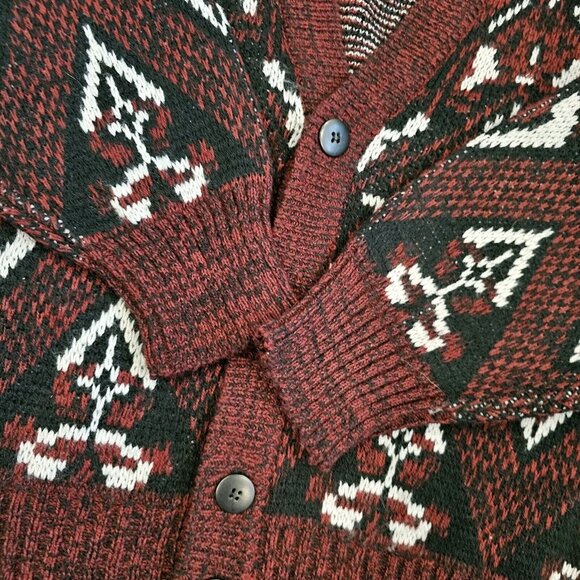 Vintage Mens Medium Grandpa Cardigan Sweater Maroon Geometric Leather Accents - Picture 4 of 7